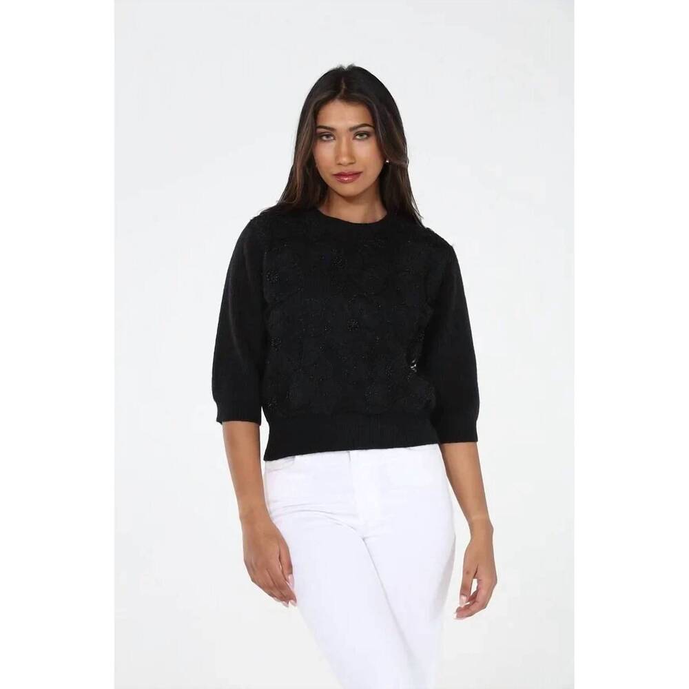 NEW RAIN + ROSE olive embroidered sweater in black